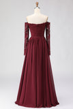 Cabernet A Line Maxi Chiffon Mother of the Bride Dress with Lace