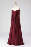 Cabernet A Line Maxi Chiffon Mother of the Bride Dress with Lace