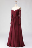 Cabernet A Line Maxi Chiffon Mother of the Bride Dress with Lace