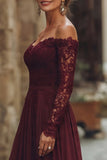 Cabernet A Line Maxi Chiffon Mother of the Bride Dress with Lace
