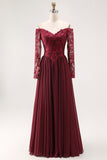Cabernet A Line Chiffon Long Mother of the Bride Dress with Lace