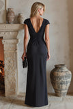 Black Cap Sleeves Ruched Maxi Mother of the Bride Dress with Slit