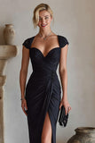 Black Cap Sleeves Ruched Maxi Mother of the Bride Dress with Slit