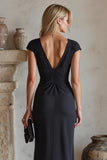Black Cap Sleeves Ruched Maxi Mother of the Bride Dress with Slit