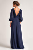 Navy V-Neck Chiffon A Line Long Mother of the Bride Dress with Sleeves