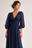 Navy V-Neck Chiffon A Line Long Mother of the Bride Dress with Sleeves