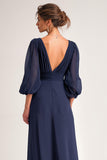 Navy V-Neck Chiffon A Line Long Mother of the Bride Dress with Sleeves