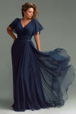 Navy V-Neck Chiffon Short Sleeves Long Mother of the Bride Dress