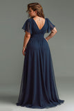 Navy V-Neck Chiffon Short Sleeves Long Mother of the Bride Dress
