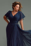 Navy V-Neck Chiffon Short Sleeves Long Mother of the Bride Dress