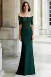 Pine Green Mermaid Off the Shoulder Maxi Mother of the Bride Dress with Appliques