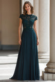 Peacock Green Round Neck Chiffon Long A-Line Mother of the Bride Dress with Appliques