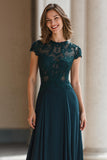Peacock Green Round Neck Chiffon Long A-Line Mother of the Bride Dress with Appliques