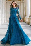 Ink Blue Round Neck A-Line Lace Long Mother of the Bride Dress with Sleeves