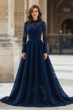 Navy Lace High Neck A-Line Long Mother of the Bride Dress with Sleeves