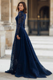 Navy Lace High Neck A-Line Long Mother of the Bride Dress with Sleeves