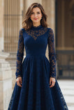 Navy Lace High Neck A-Line Long Mother of the Bride Dress with Sleeves