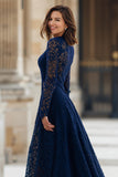 Navy Lace High Neck A-Line Long Mother of the Bride Dress with Sleeves