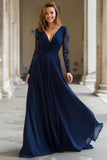 Navy V-Neck A-Line Chiffon Maxi Mother of the Bride Dress with Lace