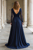 Navy V-Neck A-Line Chiffon Maxi Mother of the Bride Dress with Lace