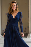 Navy V-Neck A-Line Chiffon Maxi Mother of the Bride Dress with Lace