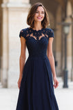 Navy A-Line Chiffon Round Neck Long Mother of the Bride Dress with Appliques
