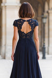 Navy A-Line Chiffon Round Neck Long Mother of the Bride Dress with Appliques