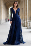Navy Long Sleeves V-Neck A-Line Lace Mother of the Bride Dress