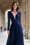Navy Long Sleeves V-Neck A-Line Lace Mother of the Bride Dress