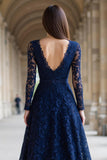 Navy Long Sleeves V-Neck A-Line Lace Mother of the Bride Dress