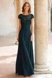 Peacock Green A-Line Round Neck Chiffon Long Mother of the Bride Dress with Sleeves