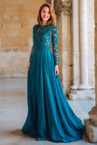 Peacock Blue Round Neck A-Line Chiffon Long Mother of the Bride Dress with Lace