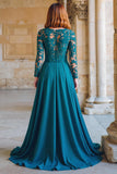 Peacock Blue Round Neck A-Line Chiffon Long Mother of the Bride Dress with Lace