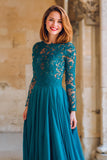 Peacock Blue Round Neck A-Line Chiffon Long Mother of the Bride Dress with Lace