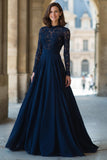 Navy High Neck Long Sleeves Chiffon A-Line Maxi Mother of the Bride Dress with Lace