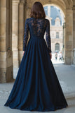 Navy High Neck Long Sleeves Chiffon A-Line Maxi Mother of the Bride Dress with Lace
