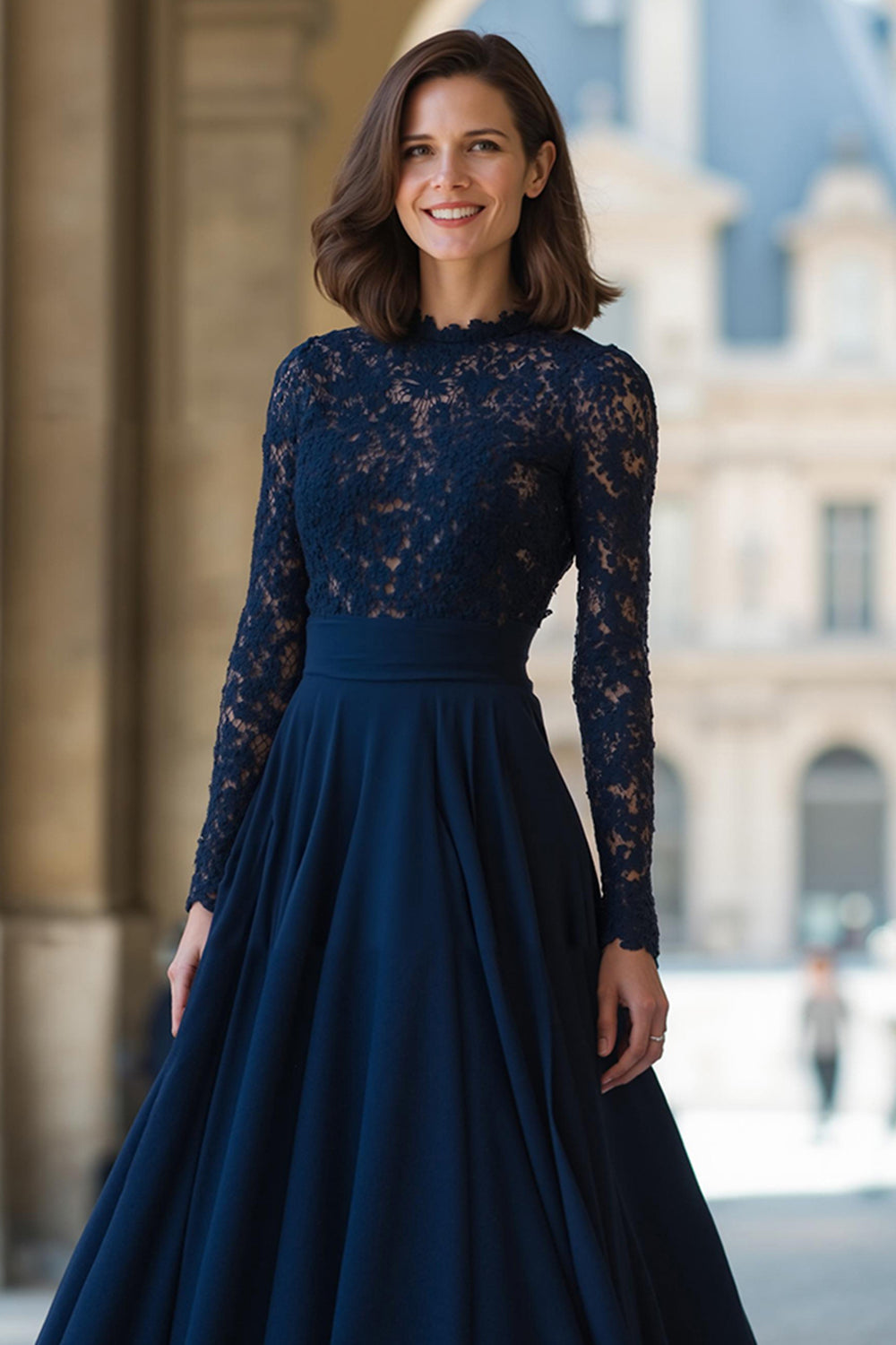 navy blue bridesmaid dresses with lace sleeves Elegant Lace Appliques Tulle Navy Blue Bridesmaid Dresses With Sleeves alinanova
