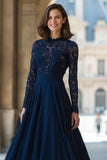 Navy High Neck Long Sleeves Chiffon A-Line Maxi Mother of the Bride Dress with Lace
