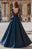 Navy V-Neck Long Sleeves A-Line Maxi Mother of the Bride Dress with Lace