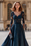 Navy V-Neck Long Sleeves A-Line Maxi Mother of the Bride Dress with Lace
