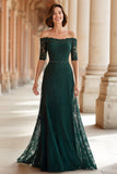 Dark Green Lace Off the Shoulder A-Line Long Mother of the Bride Dress with Sleeves