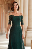 Dark Green Lace Off the Shoulder A-Line Long Mother of the Bride Dress with Sleeves