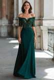 Dark Green Off the Shoulder Sheath Chiffon Long Mother of the Bride Dress with Lace
