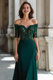 Dark Green Off the Shoulder Sheath Chiffon Long Mother of the Bride Dress with Lace