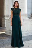 Peacock Green Round Neck A-Line Long Chiffon Mother of the Bride Dress with Beading