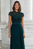 Peacock Green Round Neck A-Line Long Chiffon Mother of the Bride Dress with Beading
