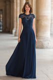 Navy Chiffon Round Neck A-Line Maxi Mother of the Bride Dress with Lace