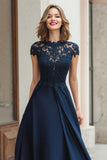 Navy Chiffon Round Neck A-Line Long Mother of the Bride Dress with Lace