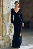 Navy V-Neck Velvet Mermaid Long Mother of the Bride Dress with Sleeves