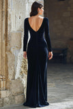 Navy V-Neck Velvet Mermaid Long Mother of the Bride Dress with Sleeves